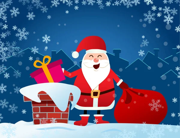 메리 크리스마스 전단지. 선물 가방을 들고 지붕 위에 있는 산타클로스, — 스톡 벡터