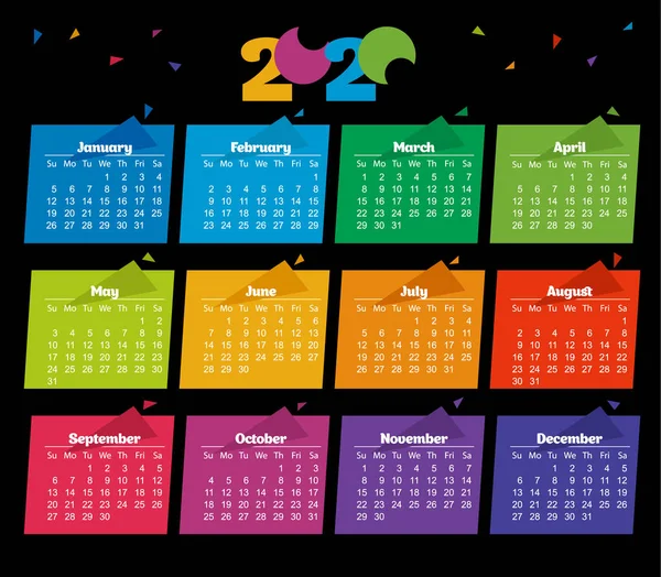 2020 Kalendarz kolor nowoczesny design na czarnym tle. — Wektor stockowy