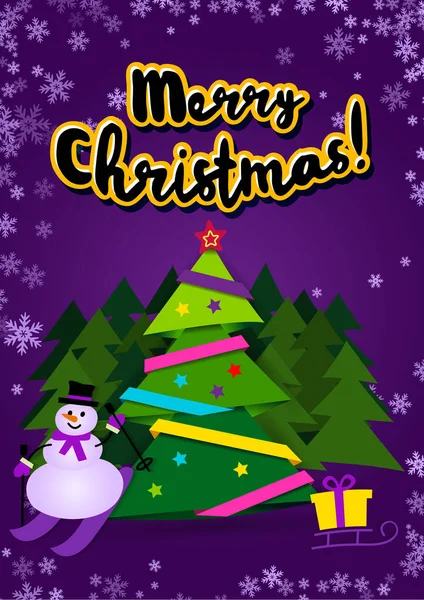 Affiche Joyeux Noël. Ruban de papier sur sapin de Noël avec étoile — Image vectorielle
