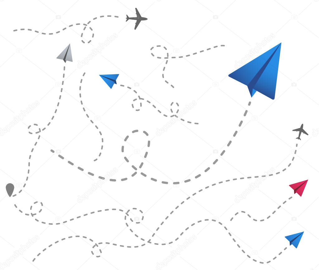 set of colored paper airplanes with dotted flight path.