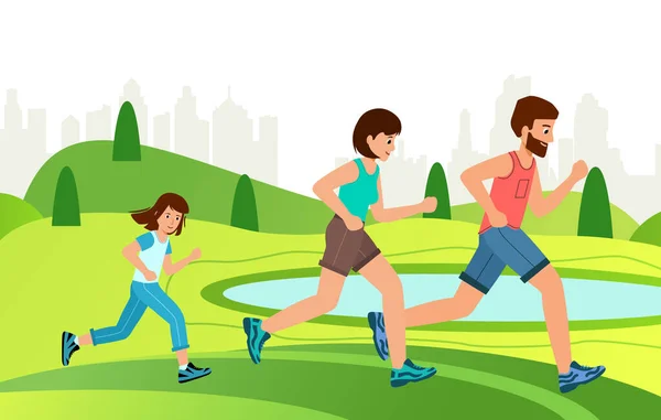 Ejercicio de jogging familiar Juntos en el parque. Estilo de vida activo y Día Mundial de la Salud. — Archivo Imágenes Vectoriales