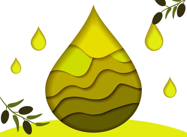 Jasně zlatá kapka oleje s olivovými ratolestmi, vystřižená z papíru. — Stockový vektor