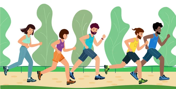 Men and women dressed in sportswear run through the Park marathon. — Stock Vector