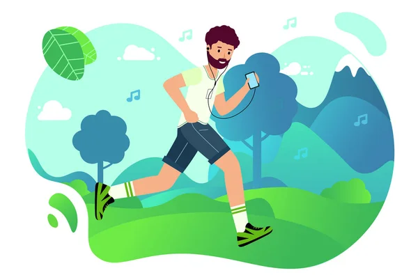 Az ember kocog a parkban, és zenét hallgat a telefonjáról. Happy Runner zenét hallgat. Kültéri vonat — Stock Vector