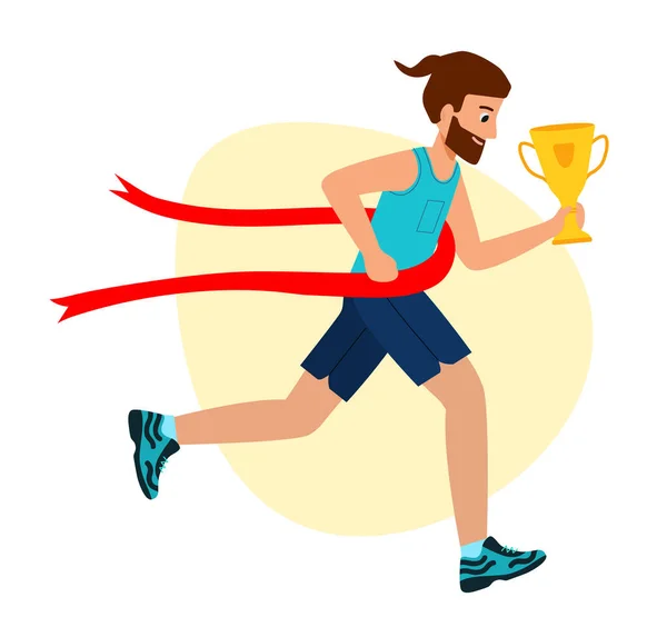 Ο άνθρωπος που τρέχει περνάει τη γραμμή τερματισμού. Επίτευξη στόχου. Δρόμος προς νίκη. — Διανυσματικό Αρχείο