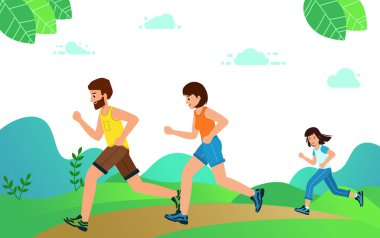 Çocukları koşan ya da spor için koşan Mutlu Aile.