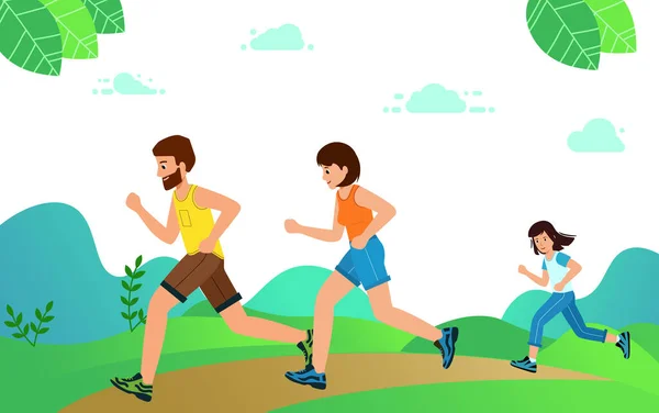 Familia feliz con niños corriendo o corriendo por deporte . — Vector de stock