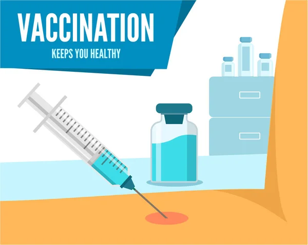 Αφίσα εμβολιασμού. Κράτα την υγεία σου. Μια σύριγγα βάζει μια ένεση στο χέρι ενός ατόμου. — Διανυσματικό Αρχείο