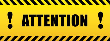 Attention with exclamation mark. black and yellow sign in striped frame.