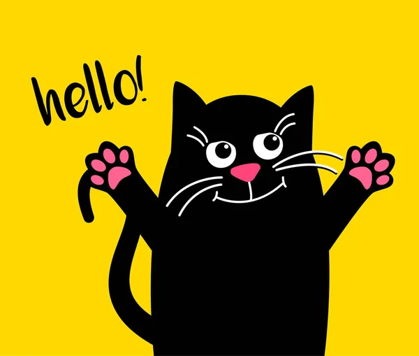 มีความสุขแมวน่ารักพร้อมข้อความ สวัสดี แมวดําคาวายบนพื้นหลังสีเหลือง กอด — ภาพเวกเตอร์สต็อก