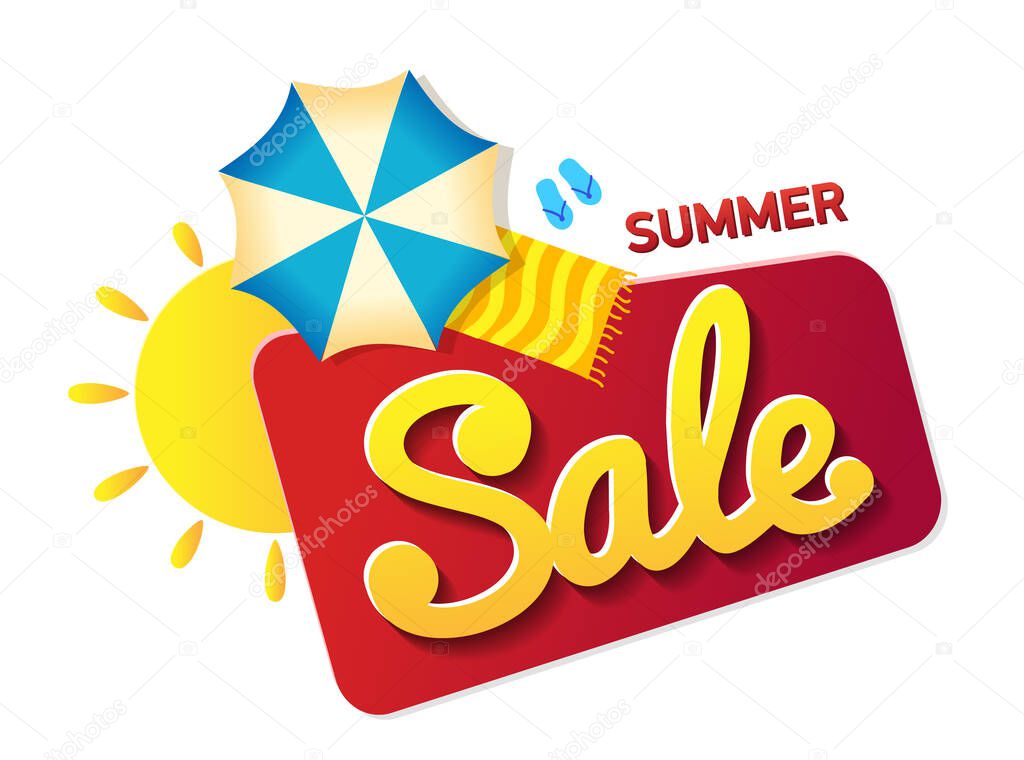 Bunner summer Sale. Sun and beach umbrella as attributes of summer on a bright bubble. Promotion Icon Offer. Discount tags. Vector banner in modern flat style on white.