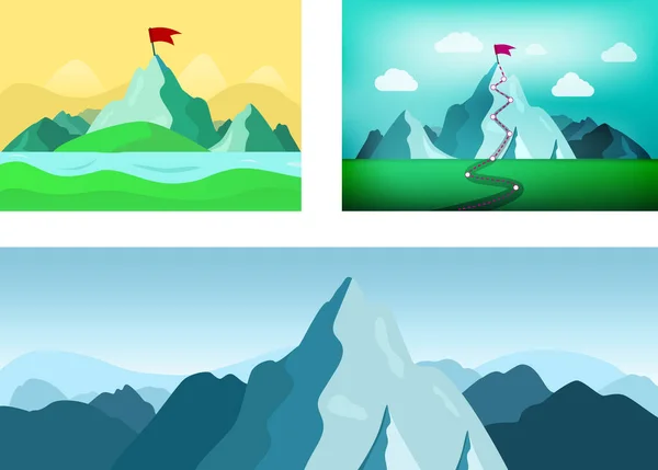 Набор векторных иллюстраций с горами. Пейзаж с горной и редкой — стоковый вектор