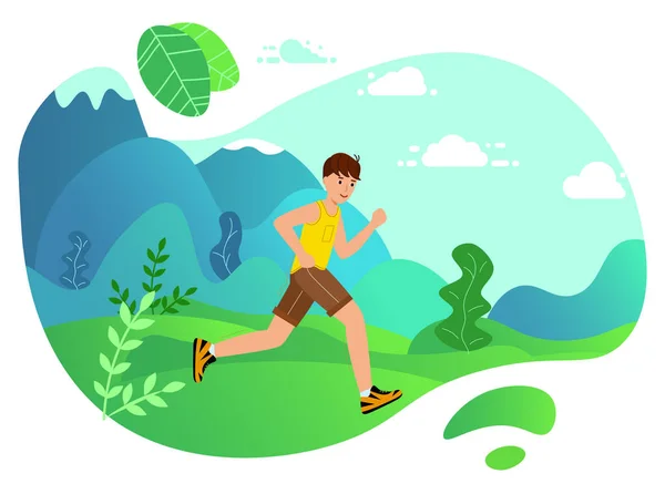 Young man running marathon. landing page. Boy Running fast with forest, — Stock Vector