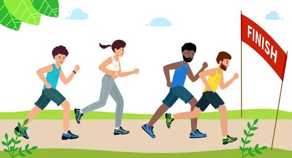 Happy people run a marathon and reach the finish line. — Stock Vector