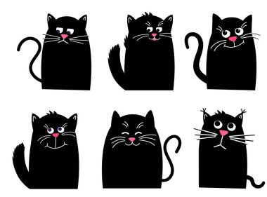 Siyah kedi ayarlayın. Komik Kawaii hayvanı. Hayvan koleksiyonu. Beyazda İzole Edilmiş
