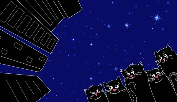 Un paquete de lindos gatos negros en la ciudad. Ciudad contra el cielo estrellado nocturno . — Vector de stock