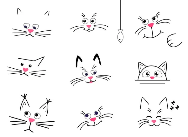 Set Rostros de lindos gatos sobre un fondo blanco. gatos felices, tristes y reflexivos aislados. — Vector de stock