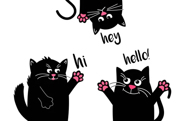 Смешные черные кошки передают привет при встрече. Смешное животное Кавайи . — стоковый вектор