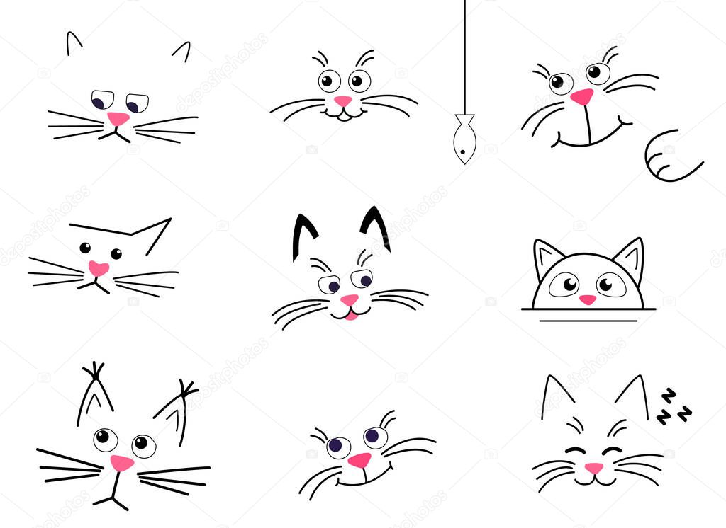 Set Faces of cute cats on a white background. happy, sad and thoughtful cats isolated.