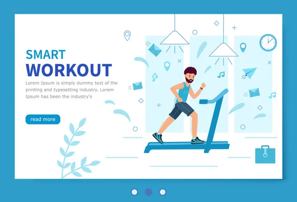 Smart workout. Template of the landing page. A man with a beard trains on a treadmill — Stock Vector