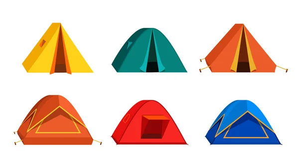Установите яркую красочную иконку туристической палатки. Изолированный на белом фоне. — стоковый вектор