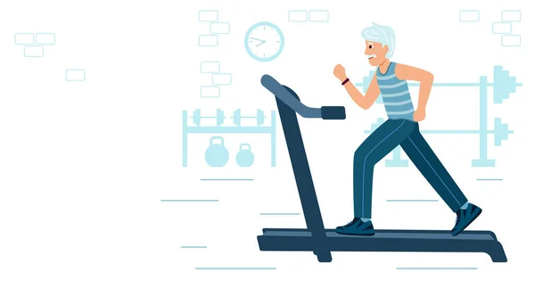 Orang tua berjalan pada treadmill bermotor. Kakek yang sportif - Stok Vektor