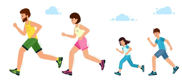 Šťastná rodina na joggingu. Otec, matka, dcera a syn utíkají.. — Stockový vektor