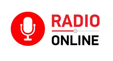 Vektör illüstrasyon düğmesi çevrimiçi radyo. mikrofonlu çember.