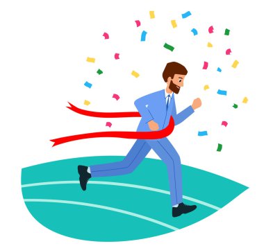 Mutlu iş kadını bitiş çizgisini geçiyor. İş zaferi kavramı.