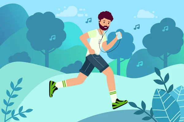 Happy runner listens to music. Outdoor training, athletics — Stock Vector