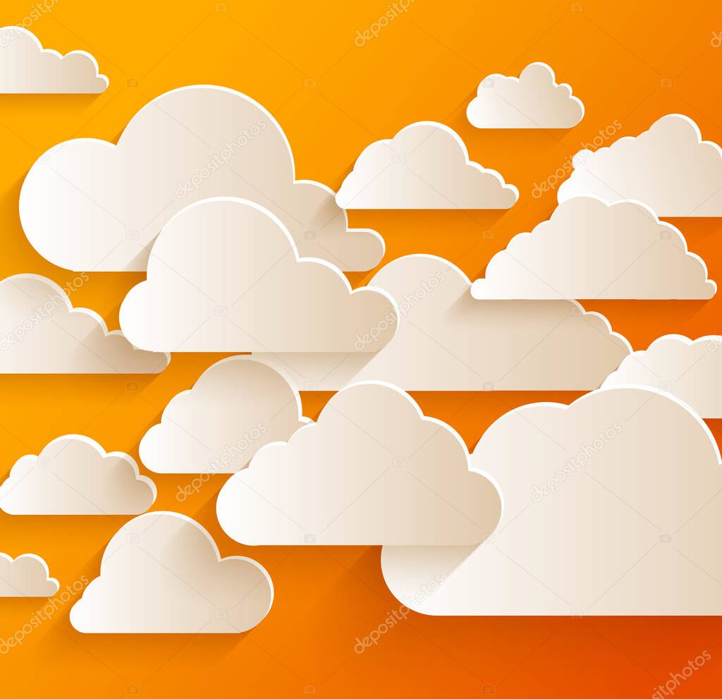 Bright abstract background with white paper clouds.