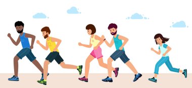 Erkekler, kadınlar ve çocuklar, spor giysileri içinde, bir maraton koşun..