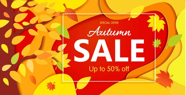 Bright Banner ventas de otoño con hojas. En tonos rojos amarillos. — Vector de stock