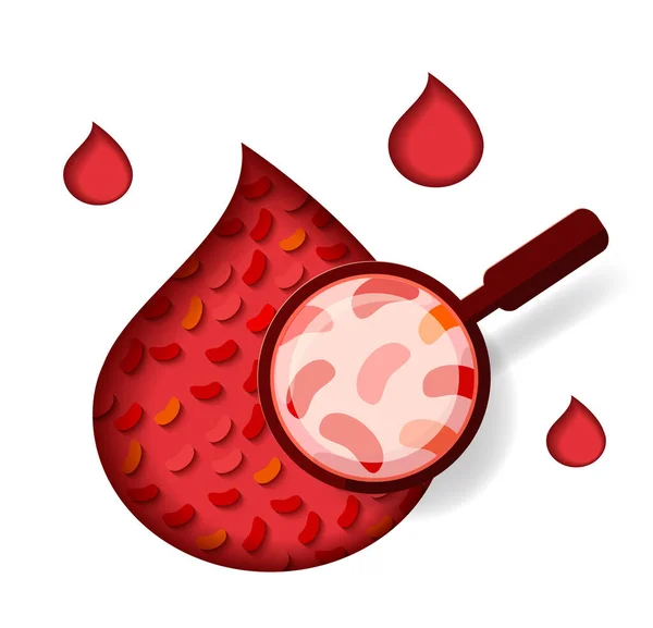 Drop of blood with red blood cells and a magnifying glass. Medical blood test. — Stock Vector