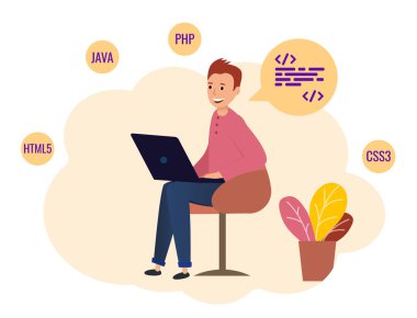 Programcı dizüstü bilgisayarla oturuyor ve çalışıyor..