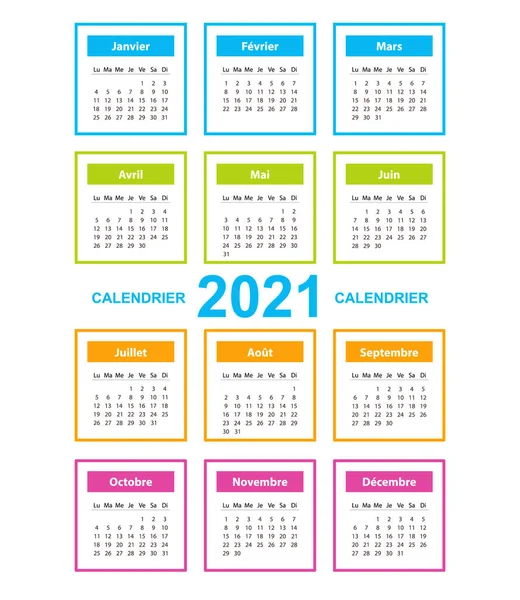 Calendario 2021 Año Francés Color Con Forma Cuadrada Semana Comienza — Vector de stock