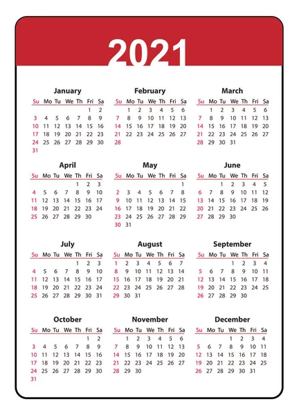 Calendario 2021 año Vertical Pocket. La semana comienza el domingo. — Vector de stock