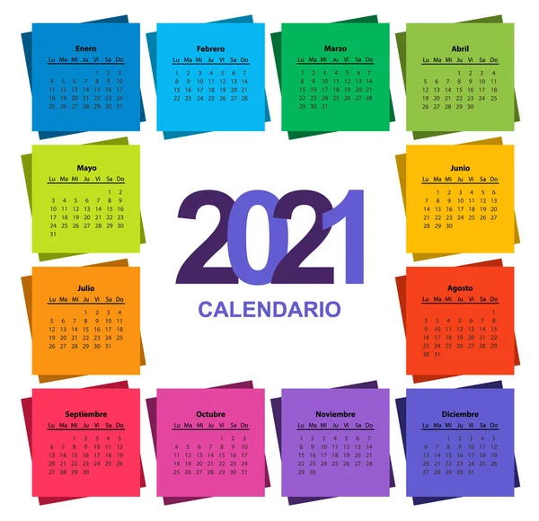 Színes naptár 2021-ben, négyzet alakú, spanyol. — Stock Vector