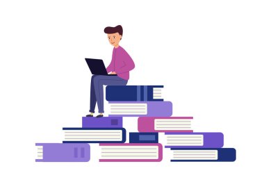 Öğrenci öğreniyor. Büyük kitap yığını dizüstü bilgisayarlı genç bir adam oturuyor..