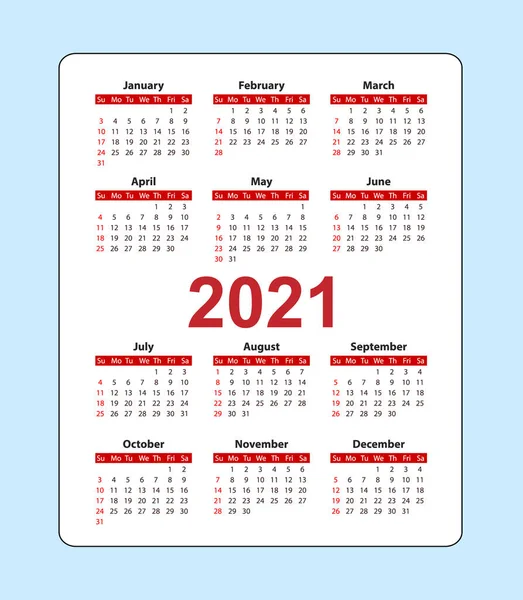 Calendario de bolsillo vertical 2021 año. La semana comienza el domingo. — Vector de stock