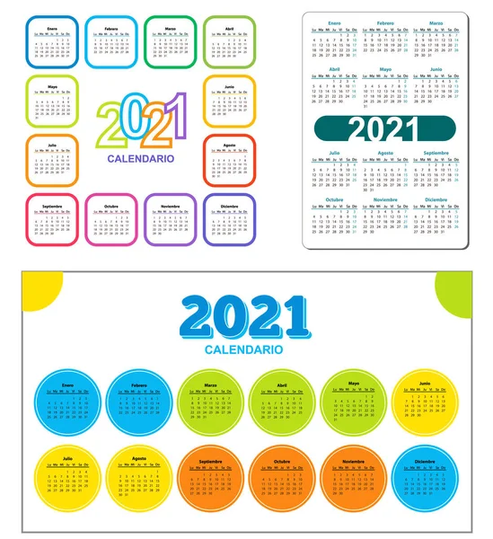 Set Kleur kalender 2021 jaar, spaans. Cirkel en vierkante vorm. — Stockvector