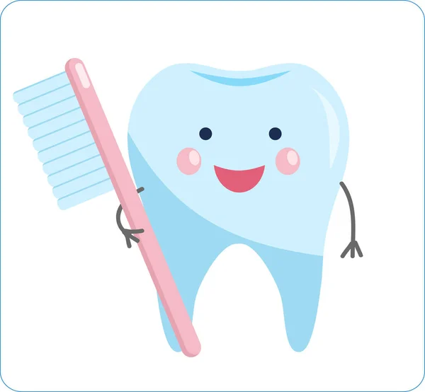 Söt frisk tand. tecknad tand karaktär. med borste. — Stock vektor