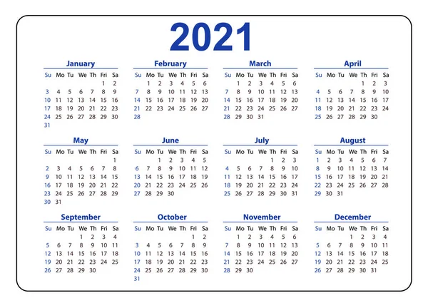 Horizontal azul calendario de bolsillo en 2021 año. Plantilla vectorial — Vector de stock