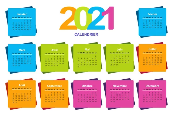 Kalendarz kolorów na 2021 rok w kształcie kwadratu, francuski. — Wektor stockowy