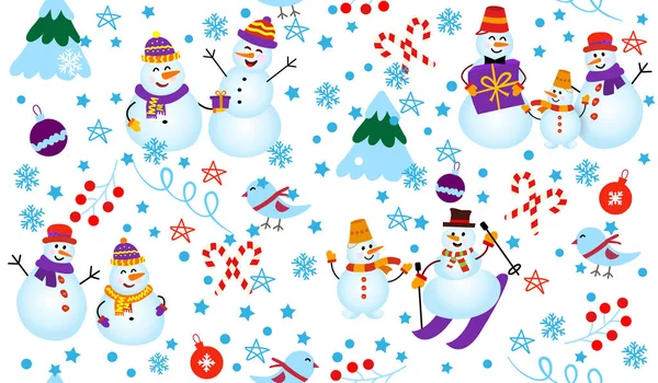 눈 사람, 나무, 선물이 있는 겨울 패턴. 스키를 탄 스노우 맨 — 스톡 벡터