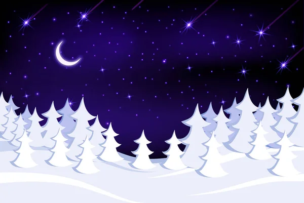 Inverno floresta coberta de neve no fundo de um belo céu estrelado. — Vetor de Stock