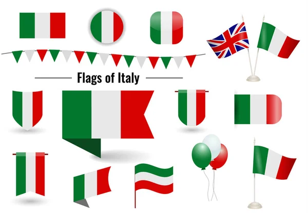 Un gran conjunto de iconos y signos con la bandera de la Italia — Vector de stock