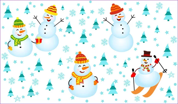 Kardan adamlar, kar taneleri ve Noel ağaçlarıyla kış deseni. Beyaz arka planda mutlu kardan adam. — Stok Vektör