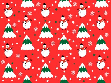 Kar taneleri ve kardan adamlarla kış deseni. Kış Noel ağaçları ve Kardan Adam