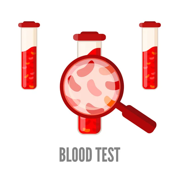 Medical blood test. a medical tube with red blood cells and a magnifying glass. — Stock Vector